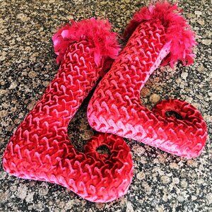 Pair Whimsical Red Christmas Stockings 20" x 13" Curled Toe Feather Trim Holiday